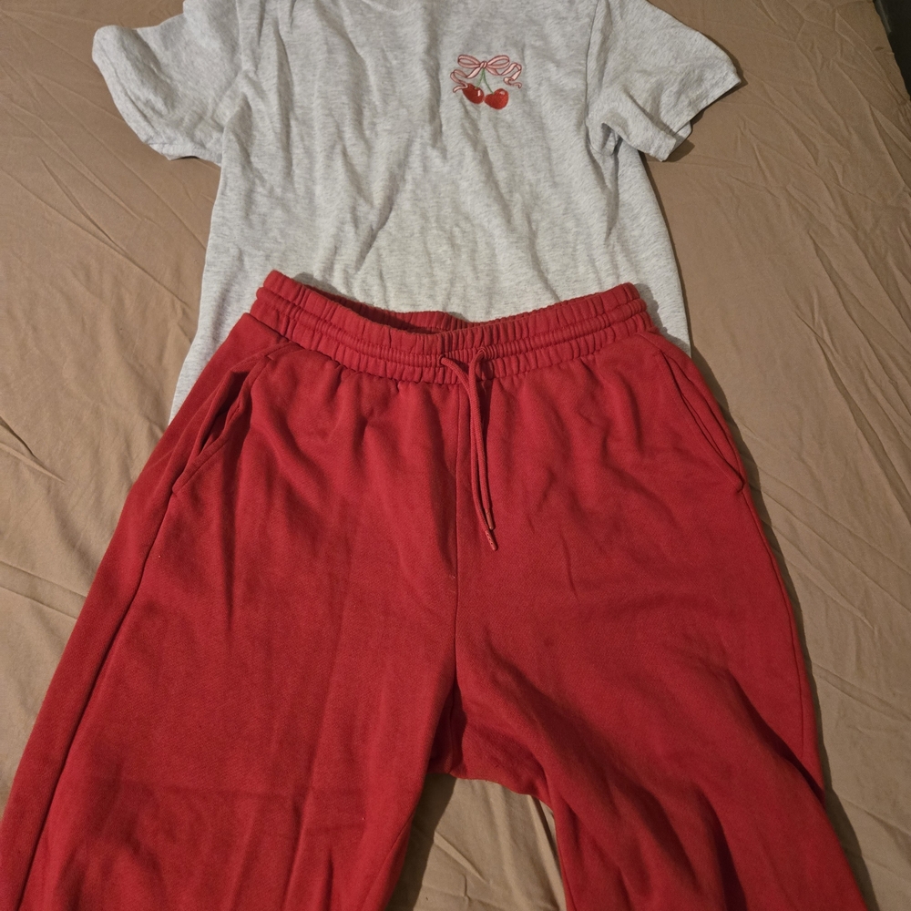 Old Navy Gray Tee with Cherry Graphic and Red Jogger Sweatpants